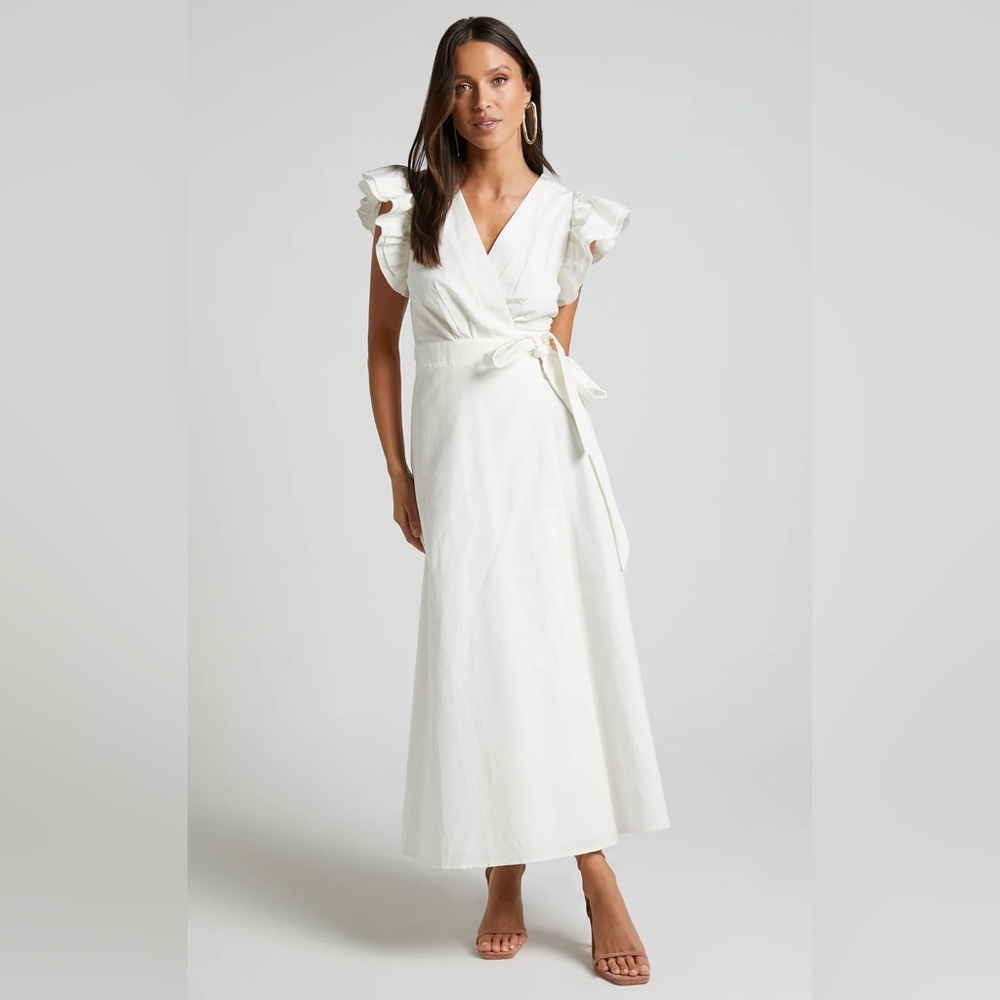 Showpo AMALIE THE LABEL - PALMER LINEN BLEND FRILL SLEEVE WRAP DRESS in White